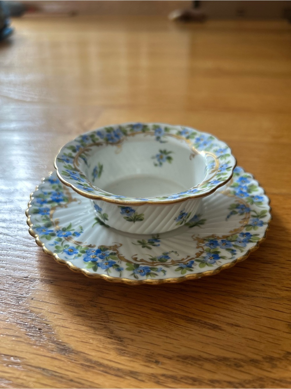 Antique RK Dresden Germany Custard Dish and Saucer, 24K Gold, Blue Floral
